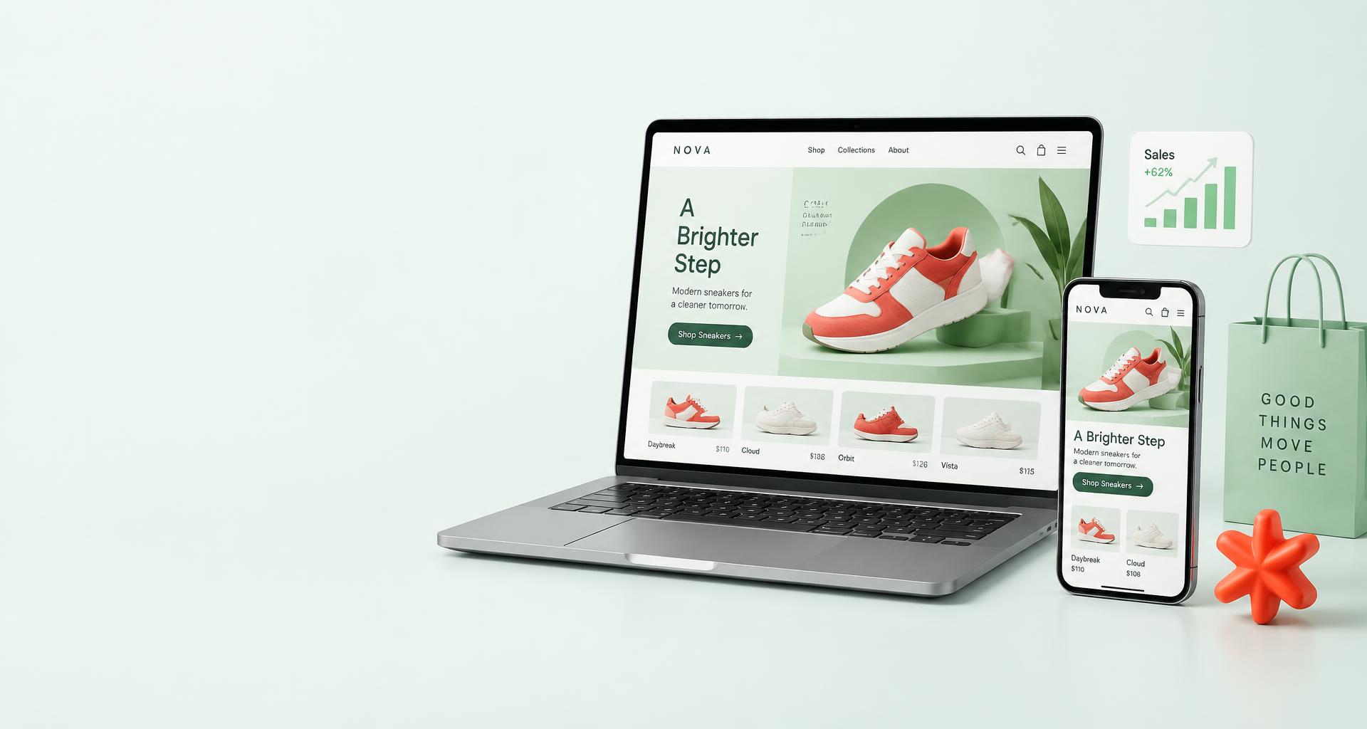 Exemple illustratif d’une boutique en ligne personnalisée, sur ordinateur et mobile